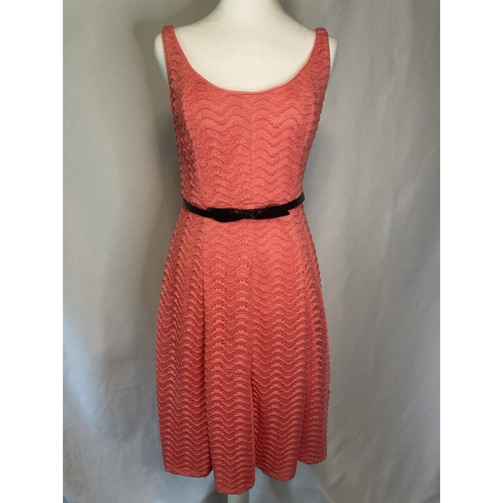 Lace Eyelet Tank Fit & Flare Dress Sz 4 Coral Belted Luxe by Carmen Marc Valvo - Picture 2 of 11